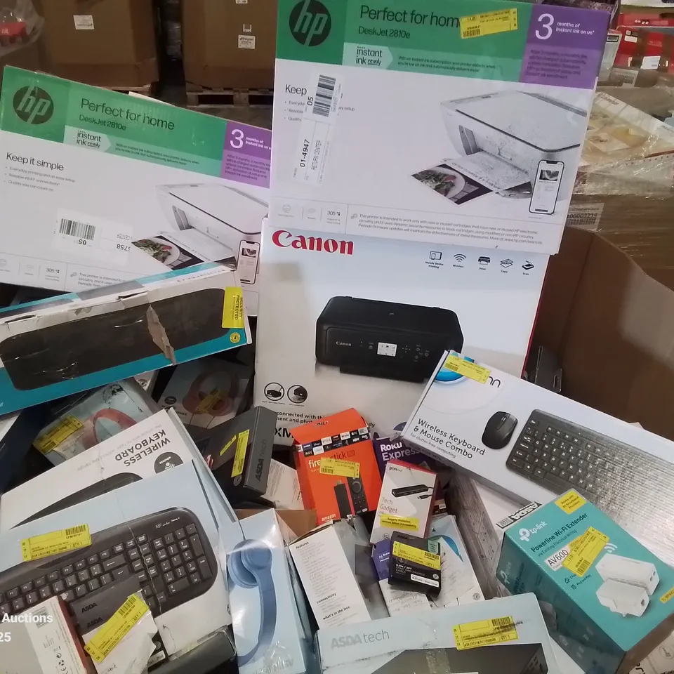 PALLET CONTAINING VARIOUS ASSORTED BOXED ELECTRONIC ITEMS TO INCLUDE: SEVERAL PRINTERS, KEYBOARDS,CHARGERS, HEADPHONES, SPEAKERS ETC.