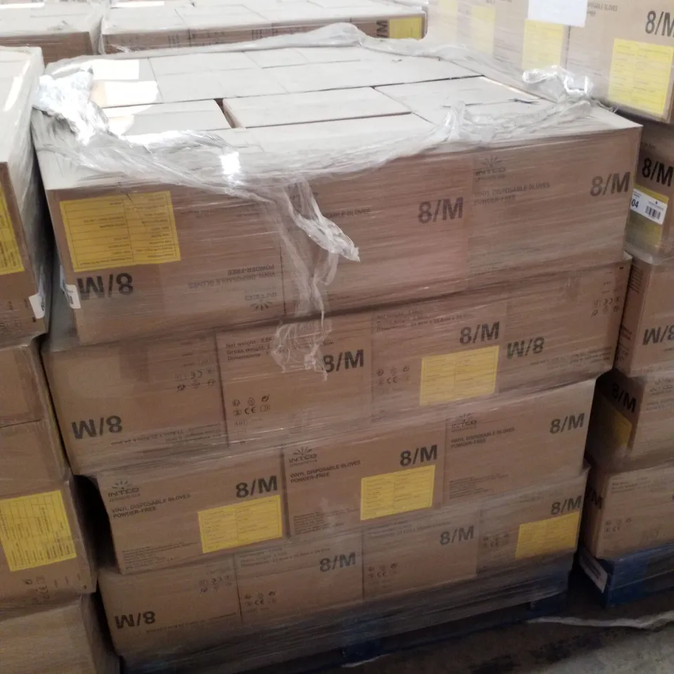 PALLET OF APPROXIMATELY 56 INTCO VINYL DISPOSABLE GLOVES 100PK BOXES - MEDIUM