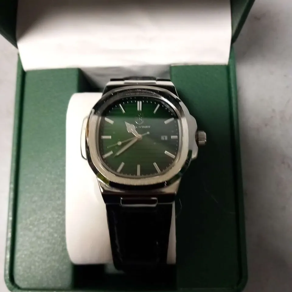 BOXED FRANK SCHMIDT STAINLESS STEEL FRAMED WRIST WATCH WITH GREEN FACE AND BLACK SNAKE EFFECT STRAP