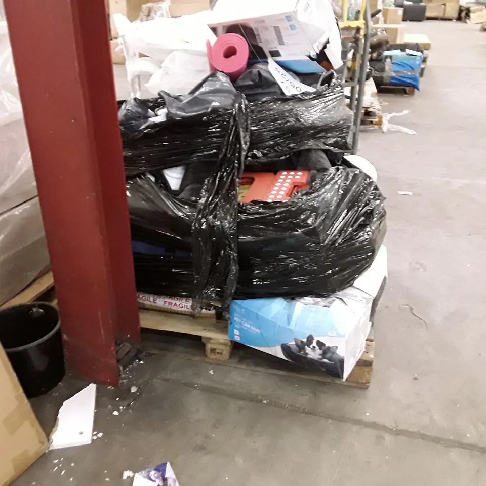 PALLET TO CONTAIN AN ASSORTMENT OF HOUSEHOLD ITEMS TO INCLUDE METAL BIN, PET CAR SEATS, YOGA MARS AND DRAFT STOPPER ECT