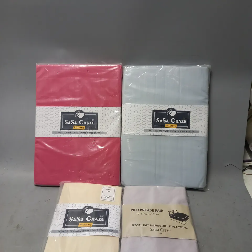 BOX OF APPROXIMATELY 10 ASSORTED SASA CRAZE BEDDING ITEMS TO INCLUDE - VALANCE SHEETS , PILLOWCASE PAIR , FITTED SHEET ETC