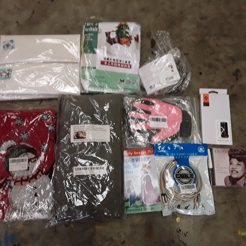 PALLET OF 6 BOXES CONTAINING ASSORTED PRODUCTS INCLUDING HORRID HENRY BOOK, SPEAKER CABLE, MICROFIBER CLOTHES, COOKIE CUTTERS, ELLA FITZGERALD CD, SILICONE PET GLOVE