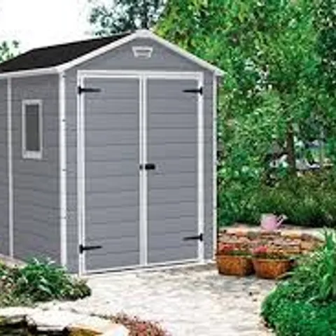 BOXED KETER MANOR 8X6 FT GABLE GREY PLASTIC 2 DOOR SHED WITH FLOOR