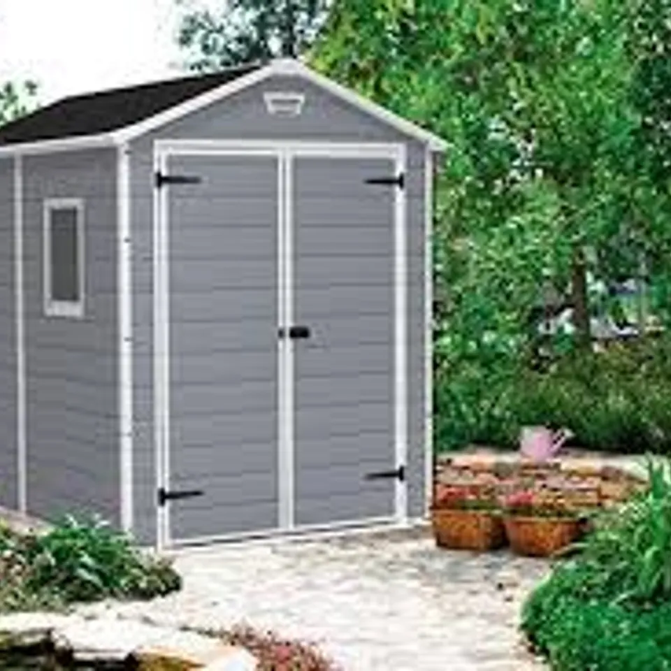 BOXED KETER MANOR 8X6 FT GABLE GREY PLASTIC 2 DOOR SHED WITH FLOOR