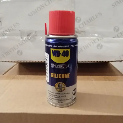 BOX CONTAINING APPROX 30 BOTTLES OF WD-40 HIGH PERFORMANCE SILICONE LUBRICANT ARESOL, 50ml PER BOTTLE - SAMPLES