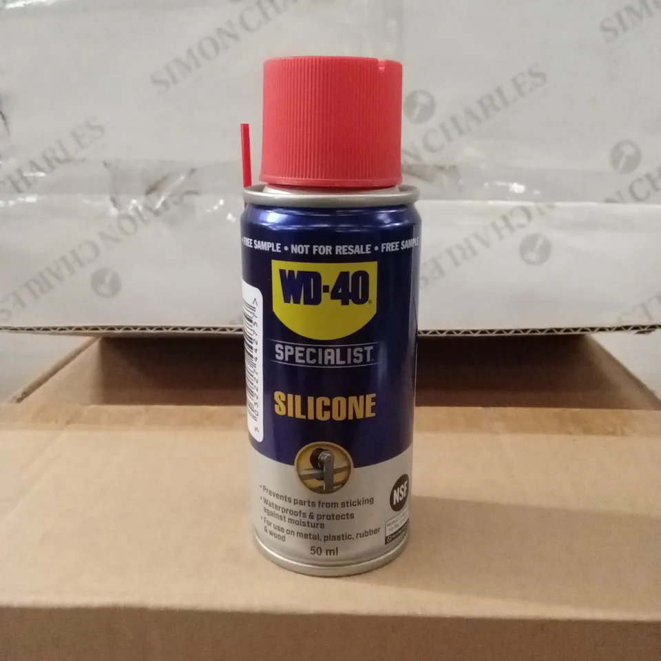 BOX CONTAINING APPROX 30 BOTTLES OF WD-40 HIGH PERFORMANCE SILICONE LUBRICANT ARESOL, 50ml PER BOTTLE - SAMPLES
