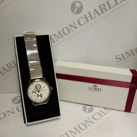 BOXED LORD TIMEPIECES STAINLESS STEEL MESH STRAP CHRONOGRAPH WATCH