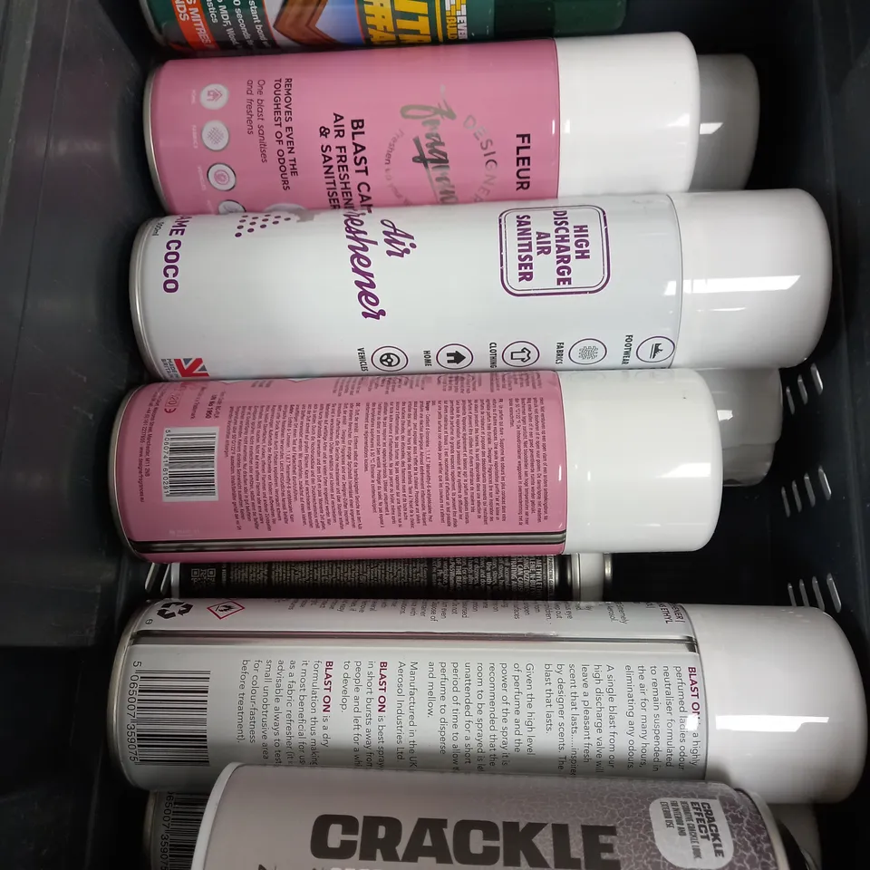 BOX OF APPROX 10 ASSORTED LIQUIDS TO INCLUDE - MITRE FAST, AIR FRESHNER, CRACKLE EFFECT SPRAY ETC