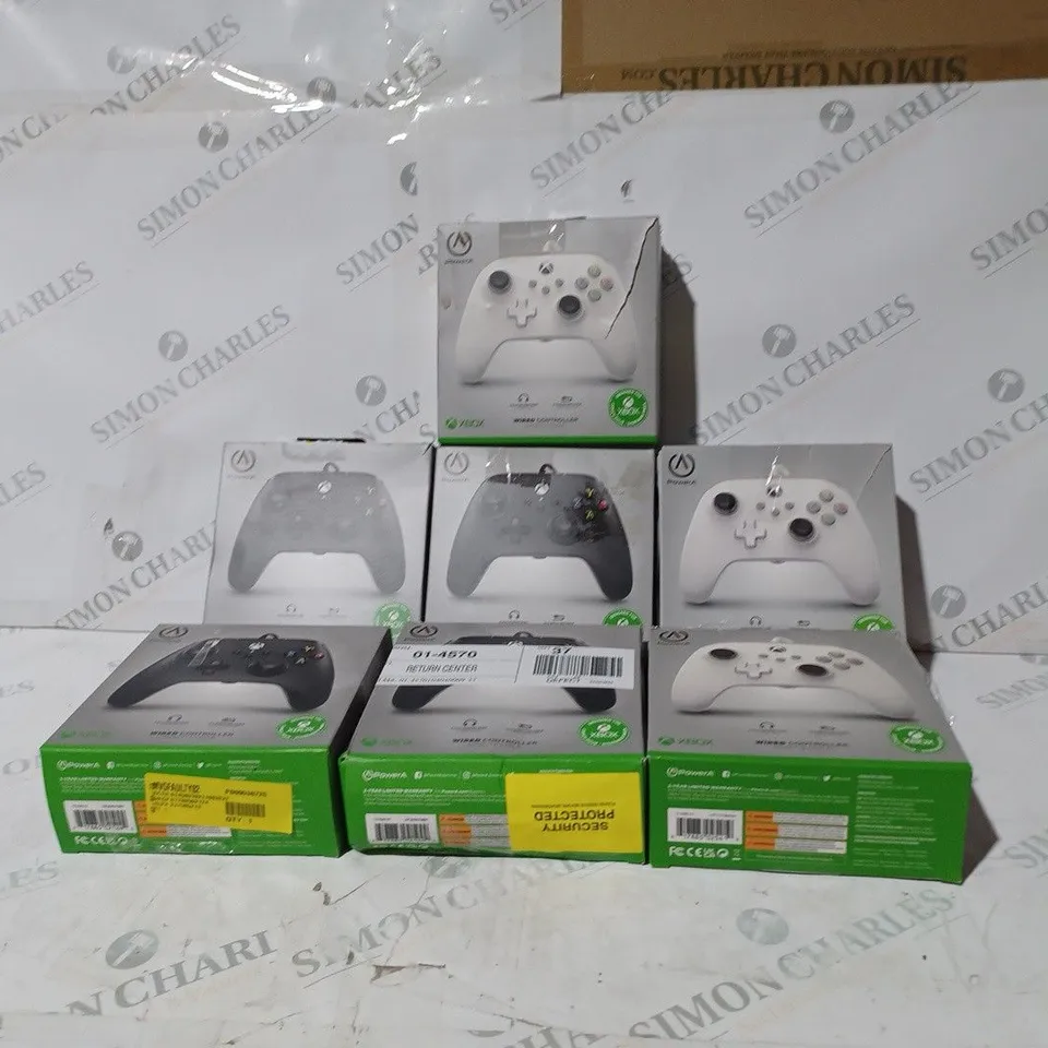 BOX OF 7 ASSORTED BOXED POWER A XBOX ONE WIRED CONTROLLERS IN VARIOUS COLOURS