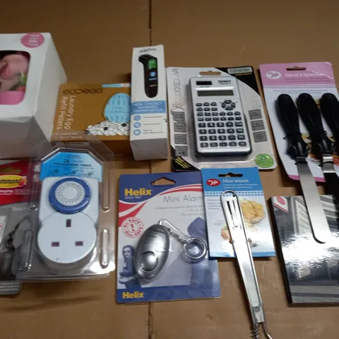 LOT OF 15 ASSORTED HOUSEHOLD ITEMS TO INCLUDE NON CONTACT THERMOMETER, CALCULATOR AND SIMPLE SHEETS