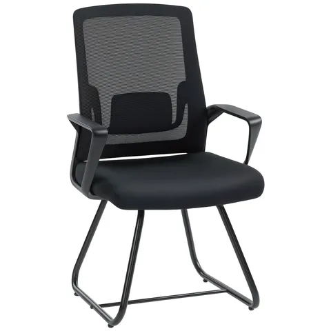 BOXED HOMCOM DESK CHAIR NO WHEELS, OFFICE CHAIR WITH MESH BACK, LUMBAR SUPPORT, METAL BASE FOR WAITING ROOM, CONFERENCE ROOM, BLACK