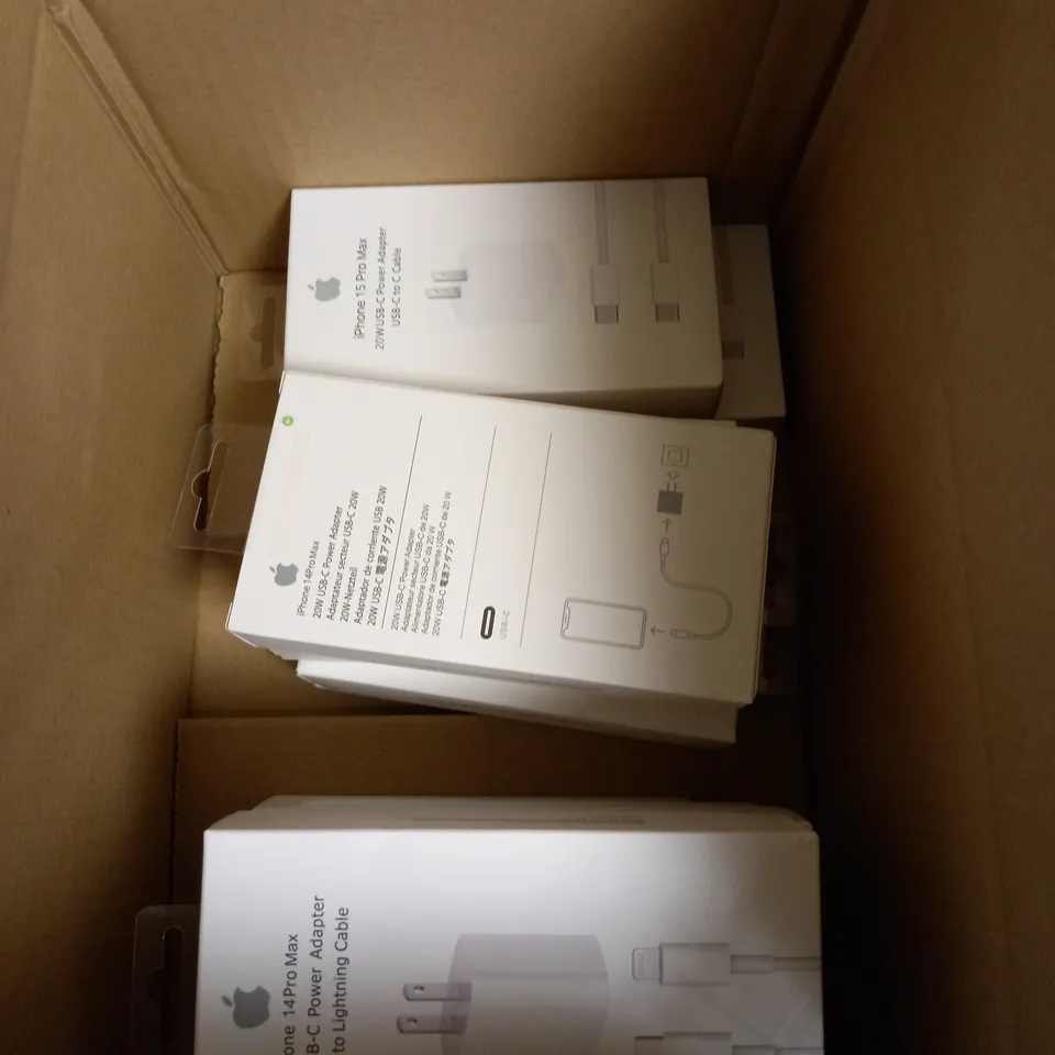 BOX OF APPROX 12 POWER ADAPTERS INCLUDING USB-C TO C CABLE AND USB-C TO LIGHTENING CABLE