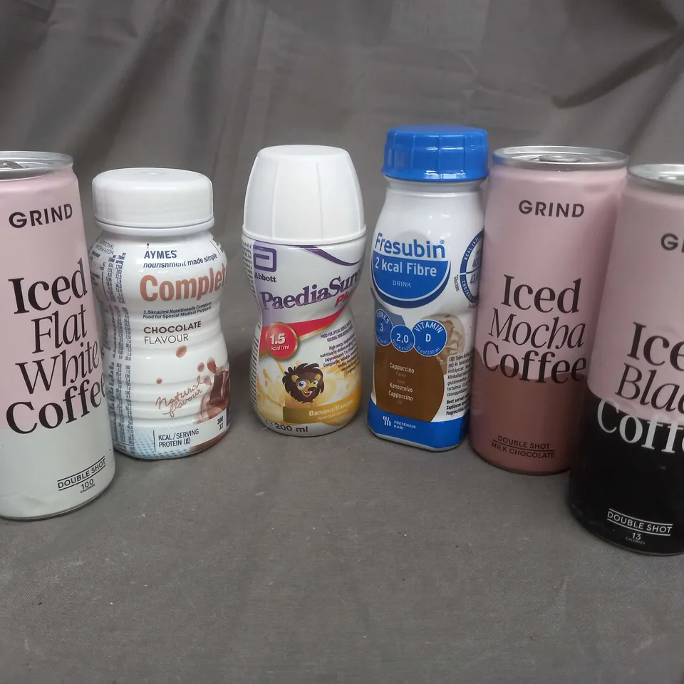 APPROXIMATELY 25 ASSORTED FOOD AND BEVERAGE PRODUCTS TO INCLUDE: GRIND BLACK,MOCHA AND FLAT WHITE ICED COFFEE, PAEDIASURE NUTRITIONAL DRINK, FRESUBIN DRINK