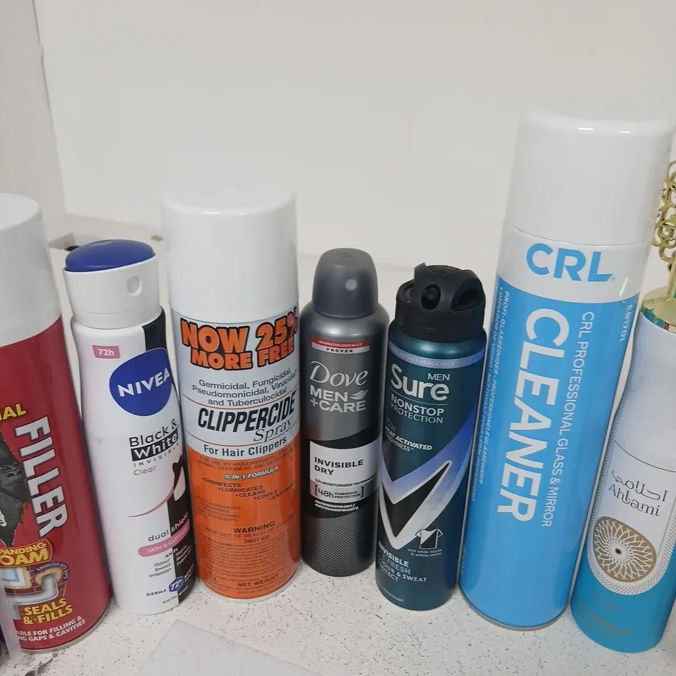 APPROXIMATELY 15 ASSORTED AEROSOL SPRAYS TO INCLUDE; ASSORTED HEALTH & BEAUTY AEROSOLS, SPRAYS AND CLEANSING FOAMS INCLUDING NIVEA, SURE, DOVE MEN+CARE, CRL CLEANSER