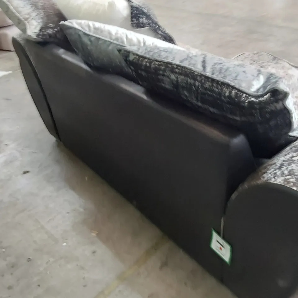 DESIGNER THREE SEATER SOFA BLACK FAUX LEATHER & CRUSHED SILVER VELVET 