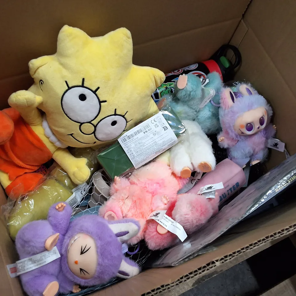 BOX CONTAINING ASSORTED PRODUCTS INCLUDING SIMPSONS LISA PLUSH, CUTTING MAT, 2027 WEEKLY PLANNER, MARVEL METAL WATER BOTTLE & STRESS RELIEF TOYS