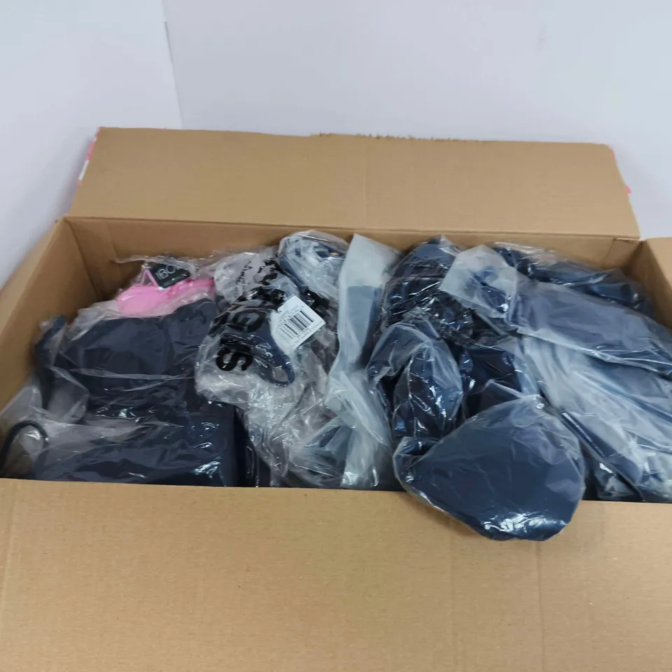 BOX OF APPROXIMATELY 15 ASSORTED CLOTHING ITEMS TO INCLUDE:  KEYHOLE STRAPPY ONE PIECE SWIM SUIT XL