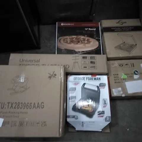 PALLET OF ASSORTED ITEMS INCLUDING PLUSH ROCKING HORSE, GEORGE FOREMAN GRILL, UNIVERSAL TRIPOD TV STAND, ROCKSHEAT 15" PROFESSIONAL PIZZA STONE, VIFLYKOO VINTAGE TURNTABLE, AIR COOLER