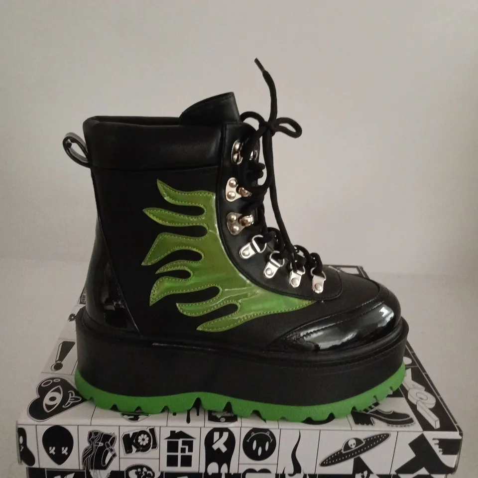 BOXED PAIR OF KOI CHA CHA CHA HOLOGRAM FLAME BOOTS – BLACK PATENT WITH LIME-GREEN SOLE, UK SIZE 4