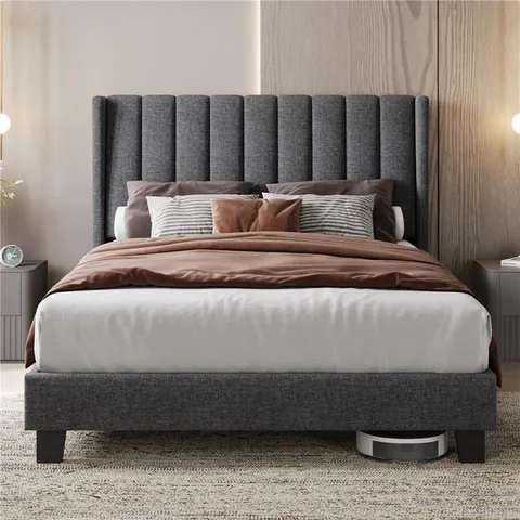 BOXED UPHOLSTERED BED FRAME WITH CHANNEL TUFTED HEADBOARD - DARK GREY 135 x 190CM (2 BOXES)