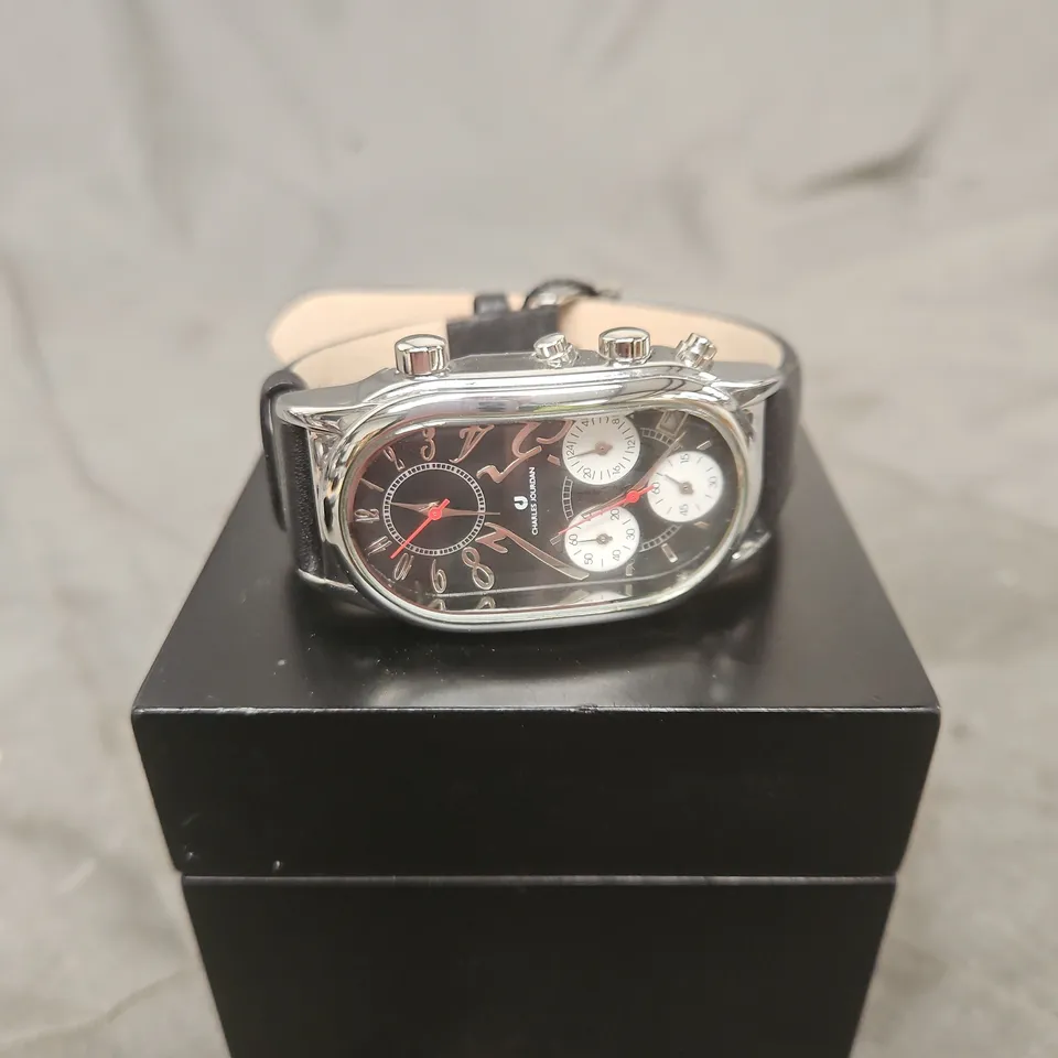 CHARLES JOURDAN CHRONOGRAPH WRISTWATCH – BLACK DIAL, LEATHER STRAP
