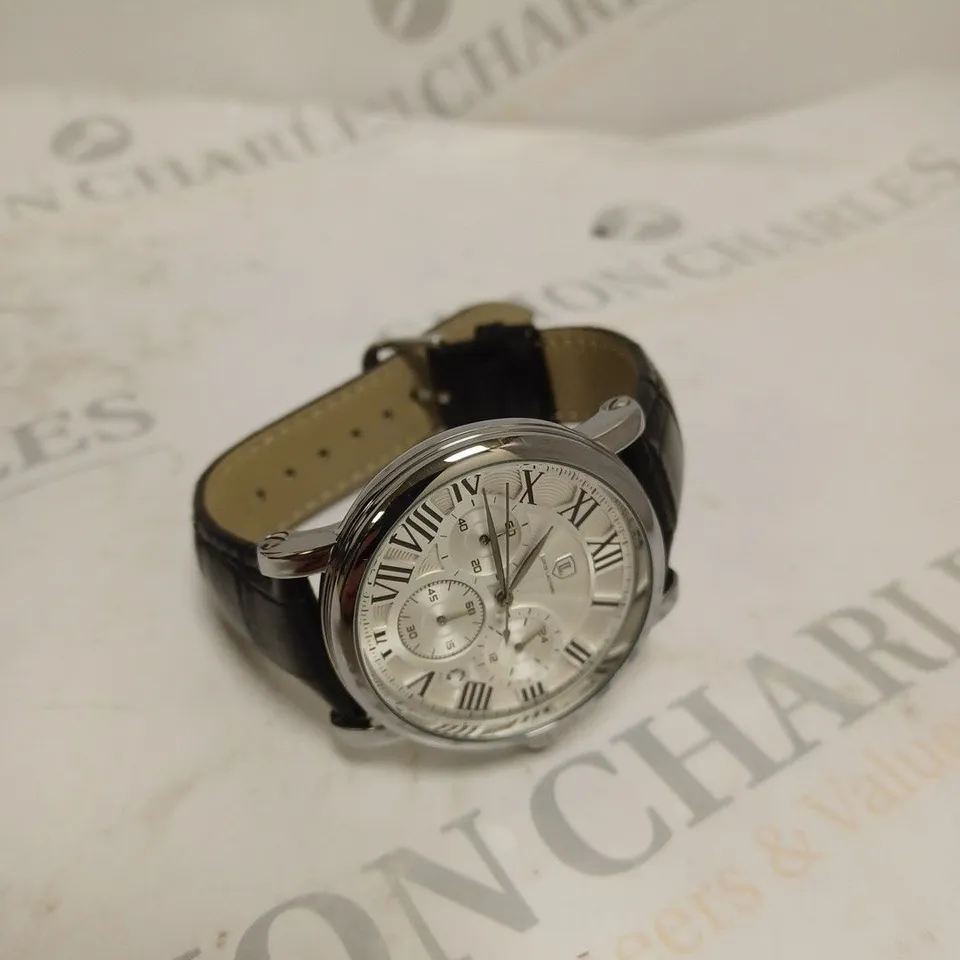 MENS LOUIS LACOMBE CHRONOGRAPH WATCH – MULTI FUNCTION DIAL WITH DATE – ROMAN NUMERAL DIAL – LEATHER STRAP – GIFT BOX