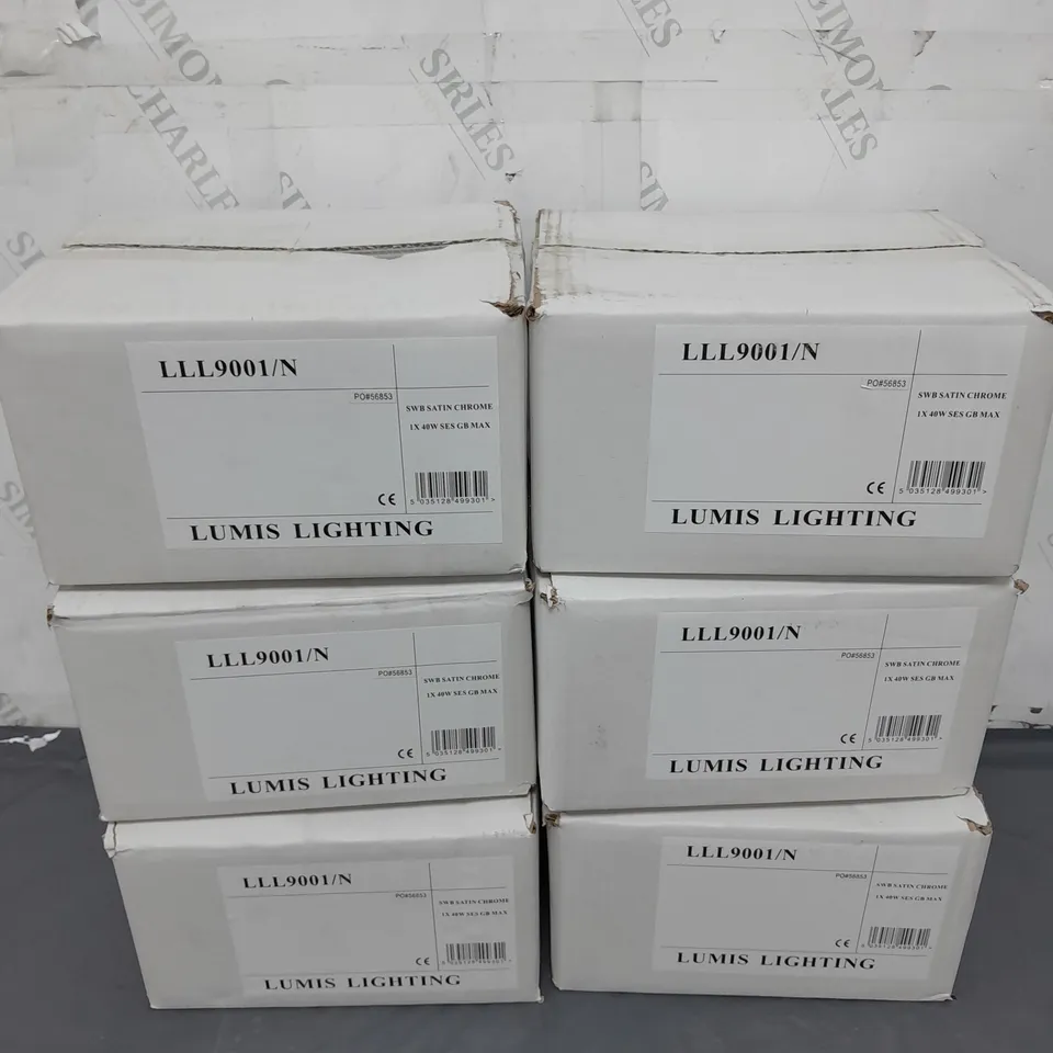 6 BOXED BRAND NEW LUMIS LIGHTING SINGLE WALL BRACKET LIGHTS (SATIN CHROME OPAL GLASS) - LLL9100/N