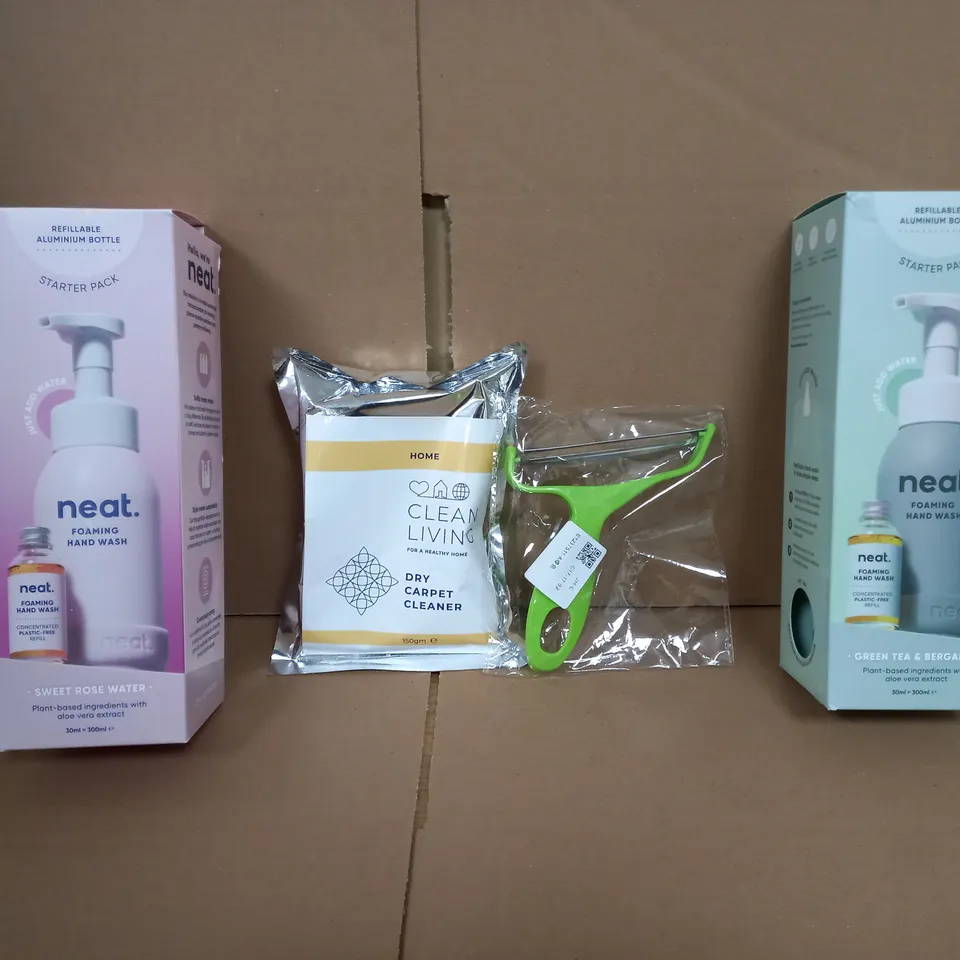 BOX OF APPROXIMATELY 8 ASSORTED ITEMS TO INCLUDE - NEAT FOAMING HAND WASH , DRY CARPET CLEANER , PEELER ETC