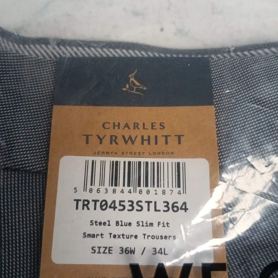 CHARLES TYRWHITT STEEL BLUE SLIM-FIT SMART TEXTURE TROUSERS – 36W X 34L