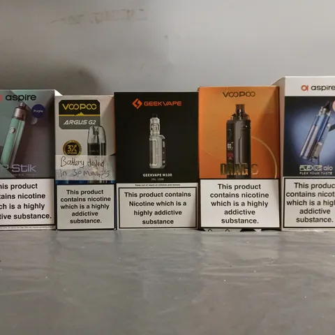 BOX OF APPROXIMATELY 18 ASSORTED E-CIGARETTES TO INCLUDE - VAPORESSO, ASPIRE , VOOPOO