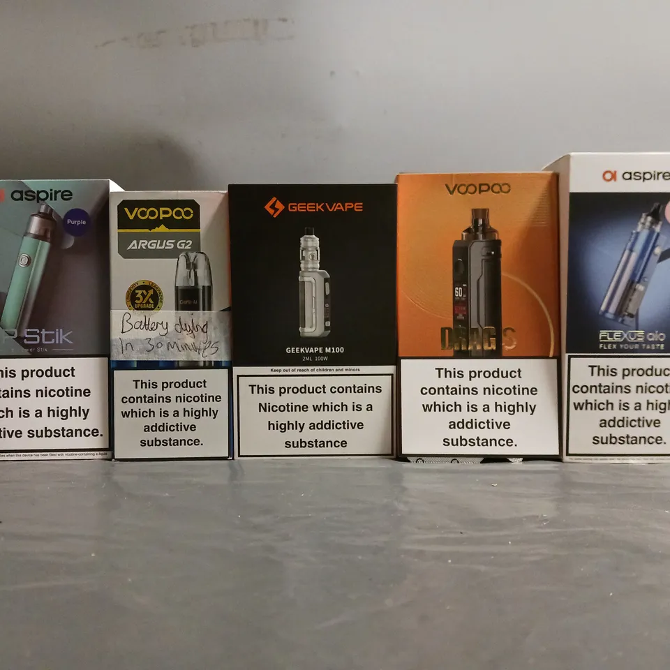 BOX OF APPROXIMATELY 18 ASSORTED E-CIGARETTES TO INCLUDE - VAPORESSO, ASPIRE , VOOPOO