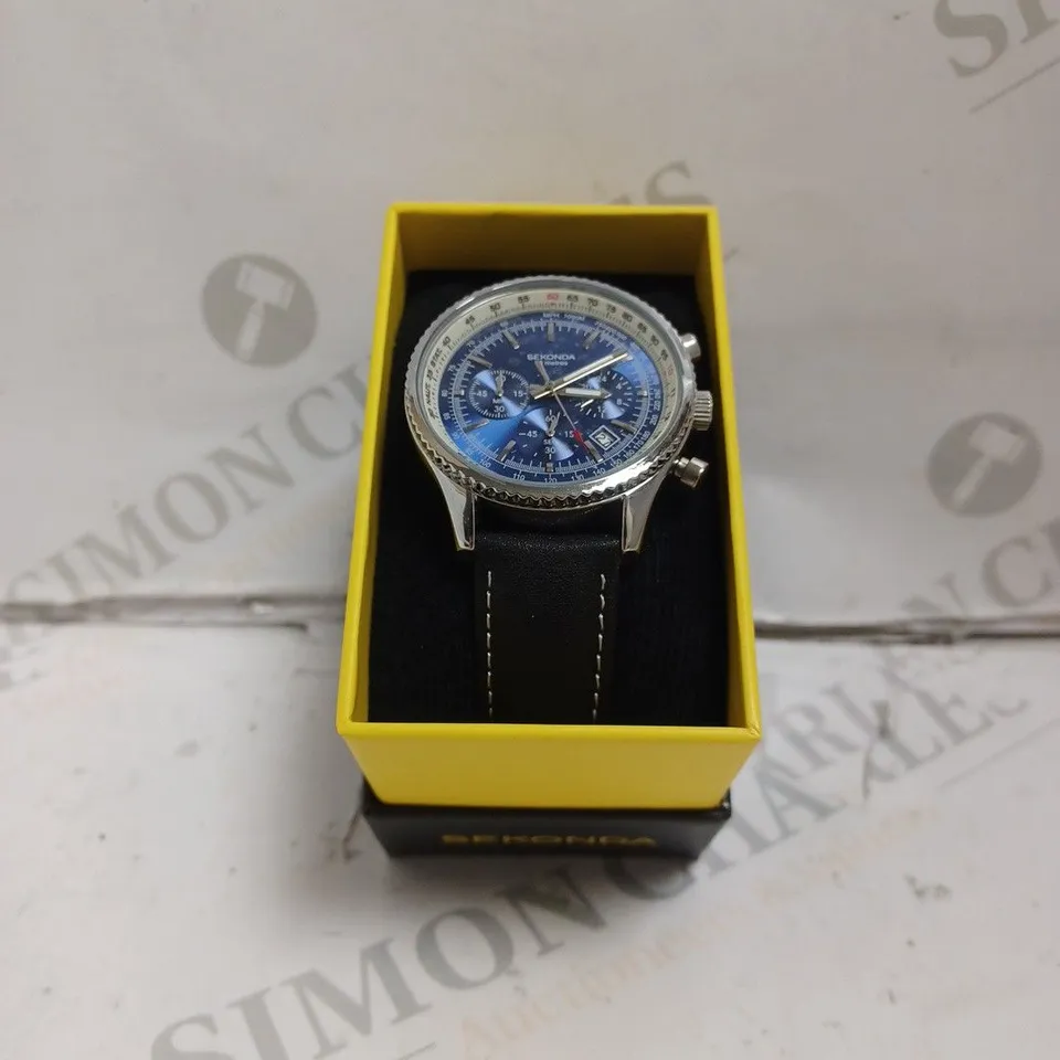 BOXED SEKONDA WATCH - JAPAN MOVEMENT - STAINLESS STEEL BACK - LEATHER STRAP - WATER RESISTANT 50M - SUB DIAL. 