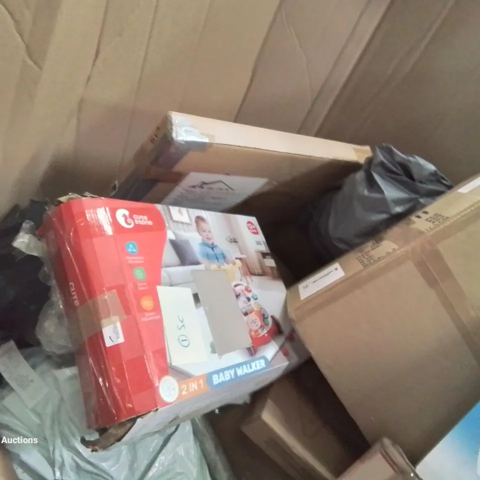 PALLET OF ASSORTED HOUSEHOLD ITEMS AND CONSUMER PRODUCTS TO INCLUDE; COFFEE TABLE, BABY WALKER, AND OTHER BOXED FURNITURE,