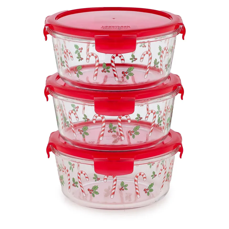 LOCKNLOCK CANDY CANE PRINT SET OF 3 GLASS CONTAINERS