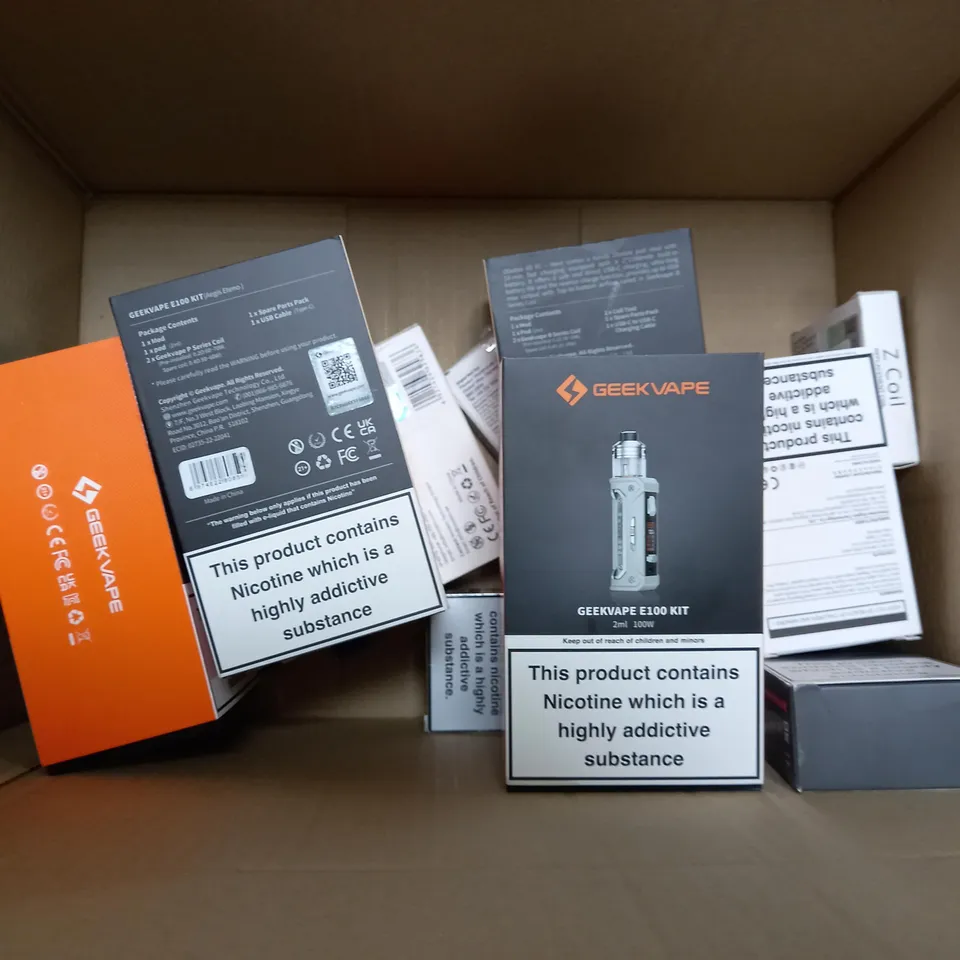BOX OF APPROXIMATELY 10 ASSORTED E-CIG PRODUCTS TO INCLUDE ASPIRE, GEEK VAPE, VAPORESSO ETC