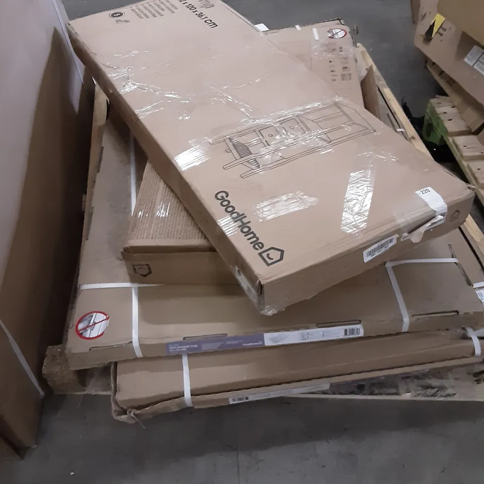 PALLET OF ASSORTED FURNITURE INCLUDING , HALF COLUMN,  SHOWER TRAY , FREE STANDING BASIN CABINET 