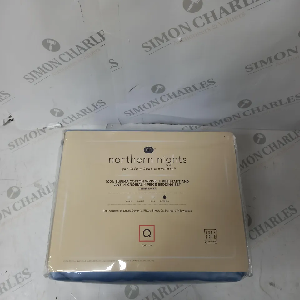 PACKAGED NORTHERN NIGHTS 100% SUPIMA COTTON WRINKLE RESISTANT AND ANTI MICROBIAL 4 PIECE BEDDING SET.