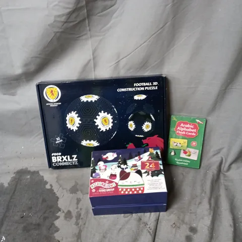 APPROXIMATELY 8 ASSORTED TOYS AND GAMES INCLUDING 3D SCOTLAND FOOTBALL CONSTRUCTION PUZZLE, ARABIC ALPHABET CARDS AND MICROMALLOWS