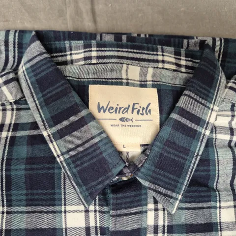 WEIRD FISH LONG SLEEVE CHECK SHIRT IN DEEP TEAL SIZE LARGE