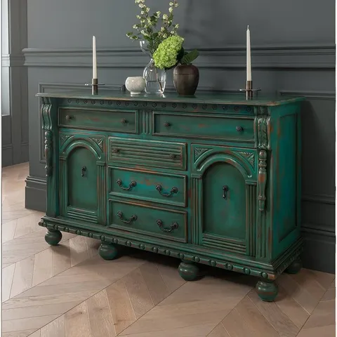 BRAND NEW BOXED HOMESDIRECT365 GREEN ANTIQUE FRENCH STYLE SIDEBOARD