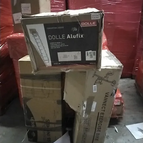 PALLET OF ASSORTED PRODUCTS AND HOUSEHOLD GOODS TO INCLUDE;TRAMPOLINE,EXERCISE BIKE,CONCERTINA LADDER