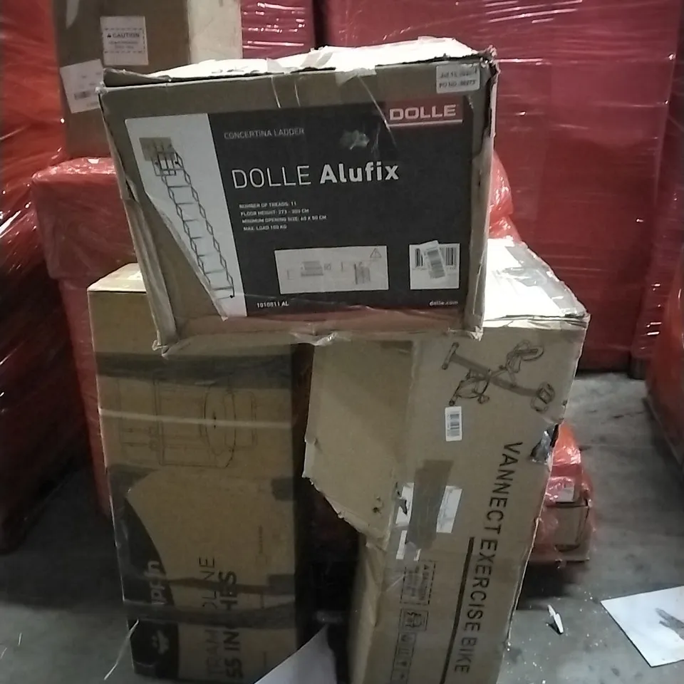 PALLET OF ASSORTED PRODUCTS AND HOUSEHOLD GOODS TO INCLUDE;TRAMPOLINE,EXERCISE BIKE,CONCERTINA LADDER