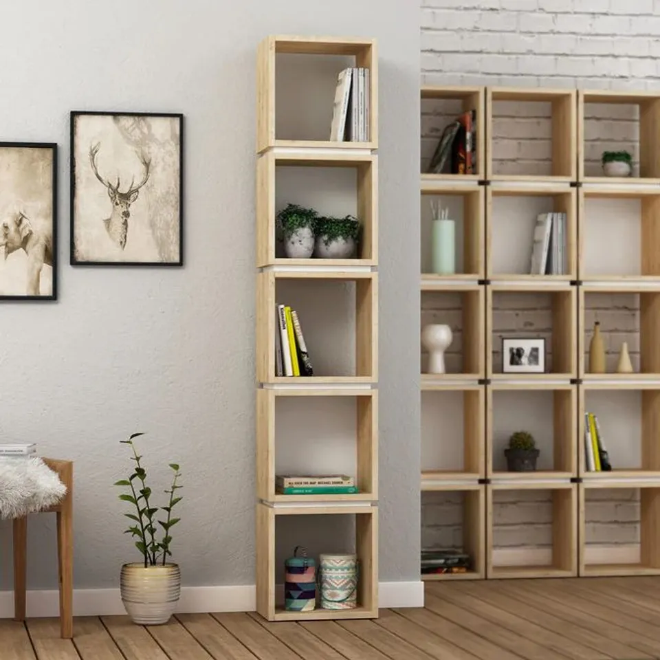 BOXED MULTI MODERN BOOKCASE DISPLAY UNIT TALL - OAK, WHITE (1 BOX)
