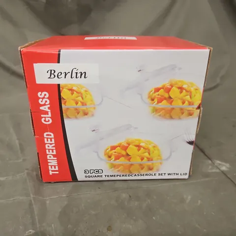 BERLIN 3-PIECE SQUARE TEMPERED GLASS CASSEROLE SET WITH LIP