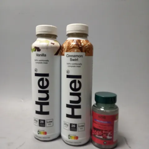 TOTE OF APPROX 12 ASSORTED FOOD ITEMS TO INCLUDE - HOB CRANBERRY EXTRACT 400MG , HUEL VANILLA , HUEL CINNAMON SWIRL ECT