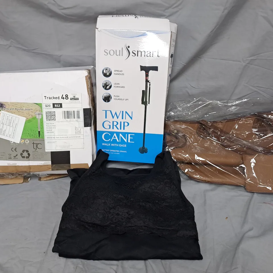 APPROXIMATELY 15 ASSORTED HOUSEHOLD ITEMS TO INCLUDE LADIES SUPPORT VEST, TWIN GRIP CANE AND HANDBAGS