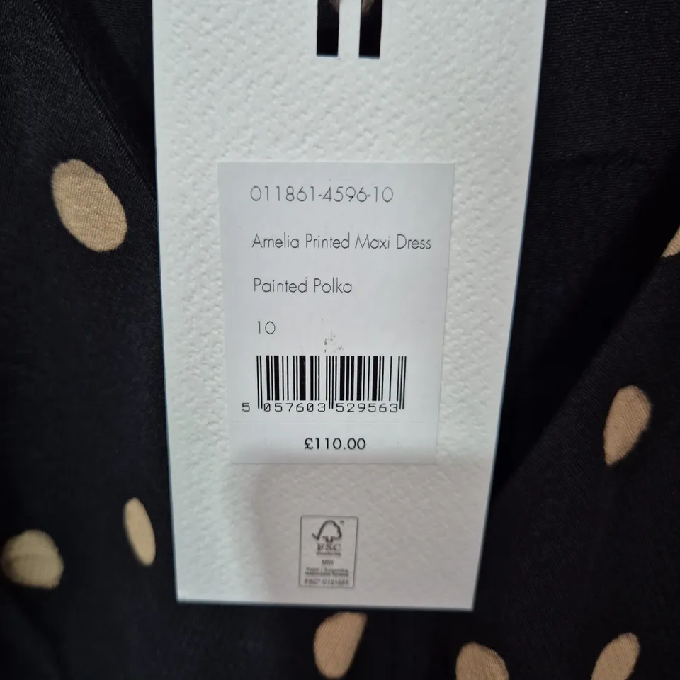 HUSH AMELIA PRINTED MAXI DRESS – PAINTED POLKA, NAVY WITH PALE PINK DOTS, UK SIZE 10