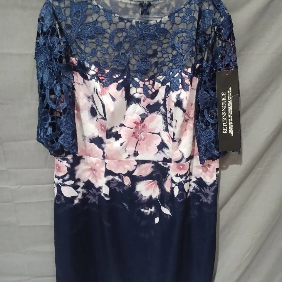 KALEIDOSCOPE FLORAL MESH TOP DRESS IN NAVY/WHITE MULTI - UK 18