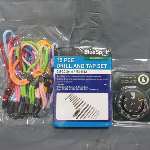 APPROXIMATELY 10 ASSORTED HOUSEHOLD ITEMS TO INCLUDE 15-PIECE DRILL AND TAP SET, PACK OF MULTICOLOURED WRIST STRAPS, ETC