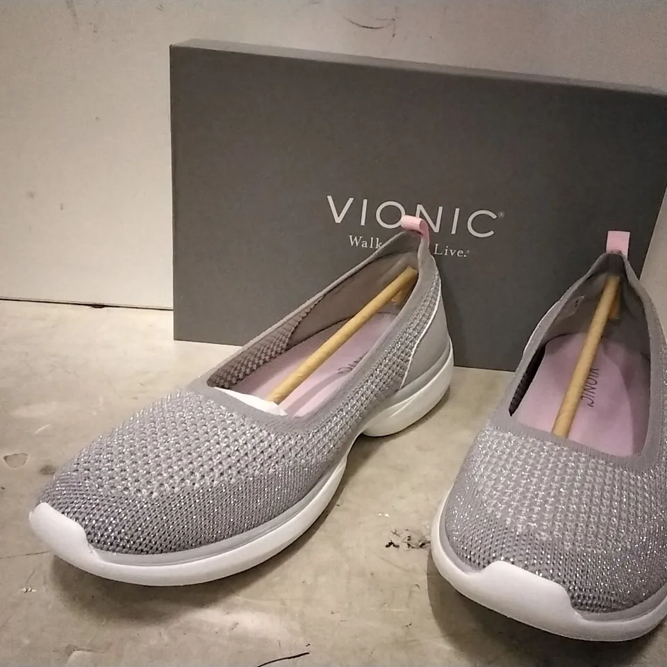 BOXED VIONIC BALLERINA,  GREY , SIZE 6.5 , 2 PAIRS AND SIZES 6 AND 9